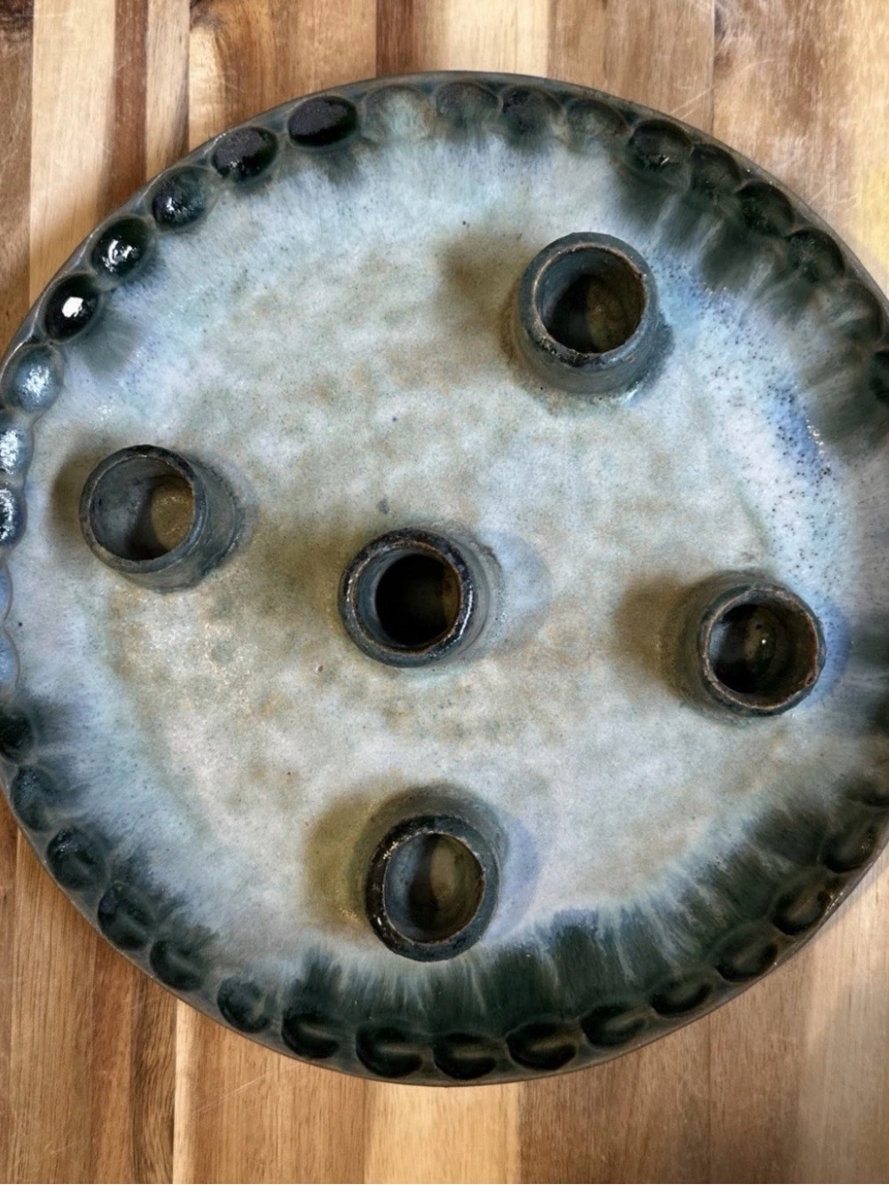 McCarty Pottery Jade Glaze Thumbprint 5 Pipe Candle Plate- Vintage & Signed